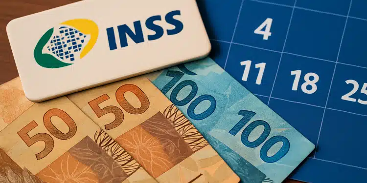 Notas de dinheiro, logo do INSS e calendário.
