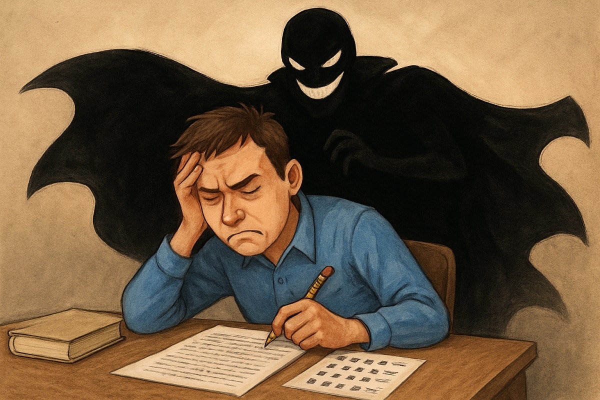 Homem preocupado enquanto estuda português para concursos.