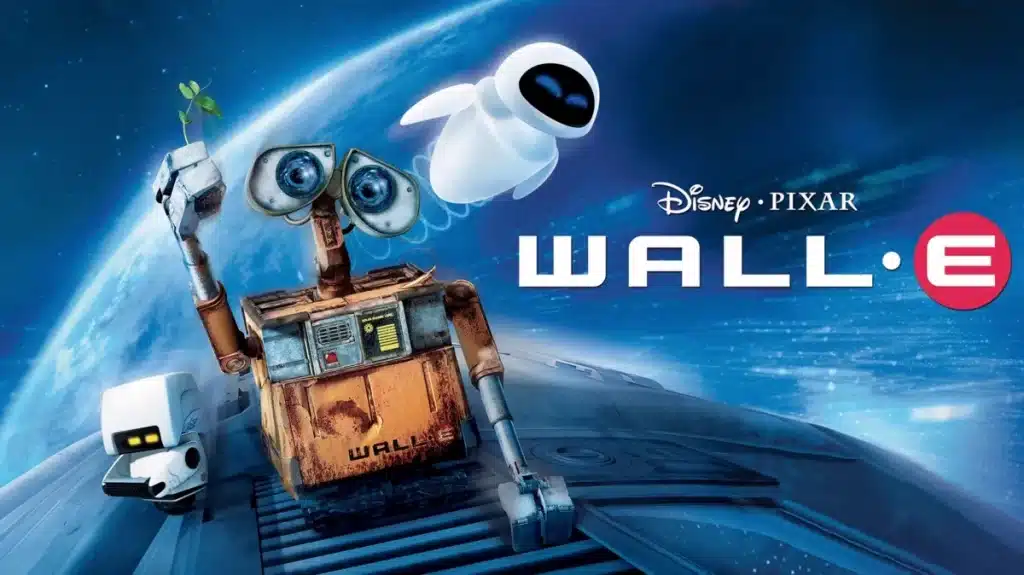 Cartaz do filme "WALL-E", com os robôs WALL-E e EVE, sugerido como repertório para a redação do Enem 2025.