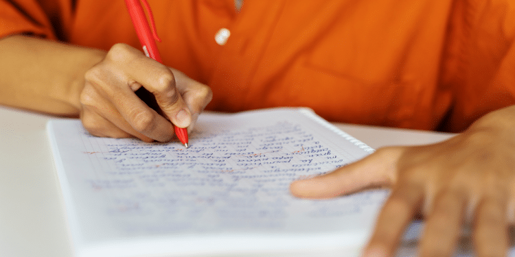 Mão segurando caneta vermelha e escrevendo em caderno pautado com escrita manuscrita azul e vermelha