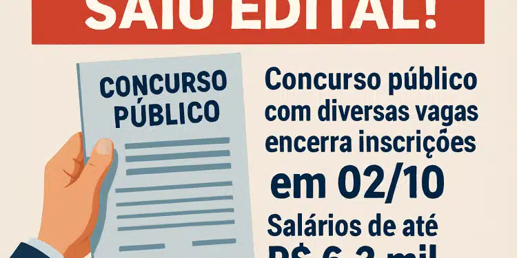 Edital de concurso público anuncia vagas com salários de até R$ 6,3 mil.