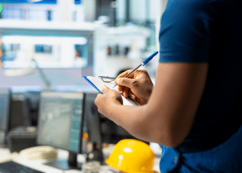 Profissional com uniforme azul escrevendo em prancheta em ambiente industrial com computadores e capacete amarelo.