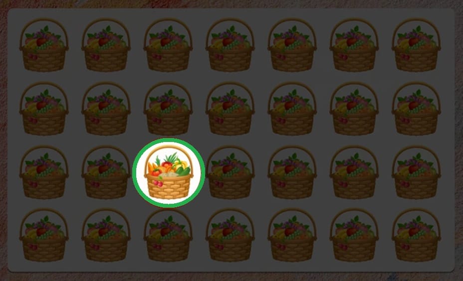 Desafio lógico com várias cestas de frutas organizadas em fileiras com uma cesta diferente no meio para encontrar