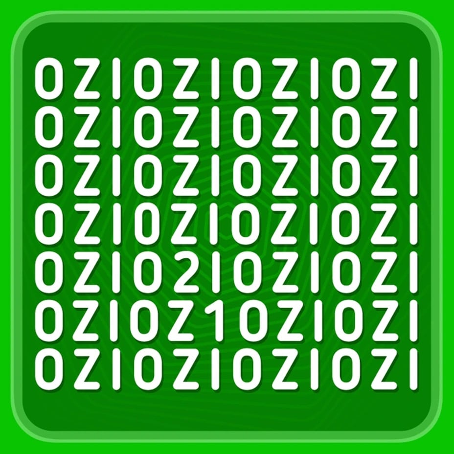 Desafio visual com letras OZI repetidas em fundo verde, destacando o número 1