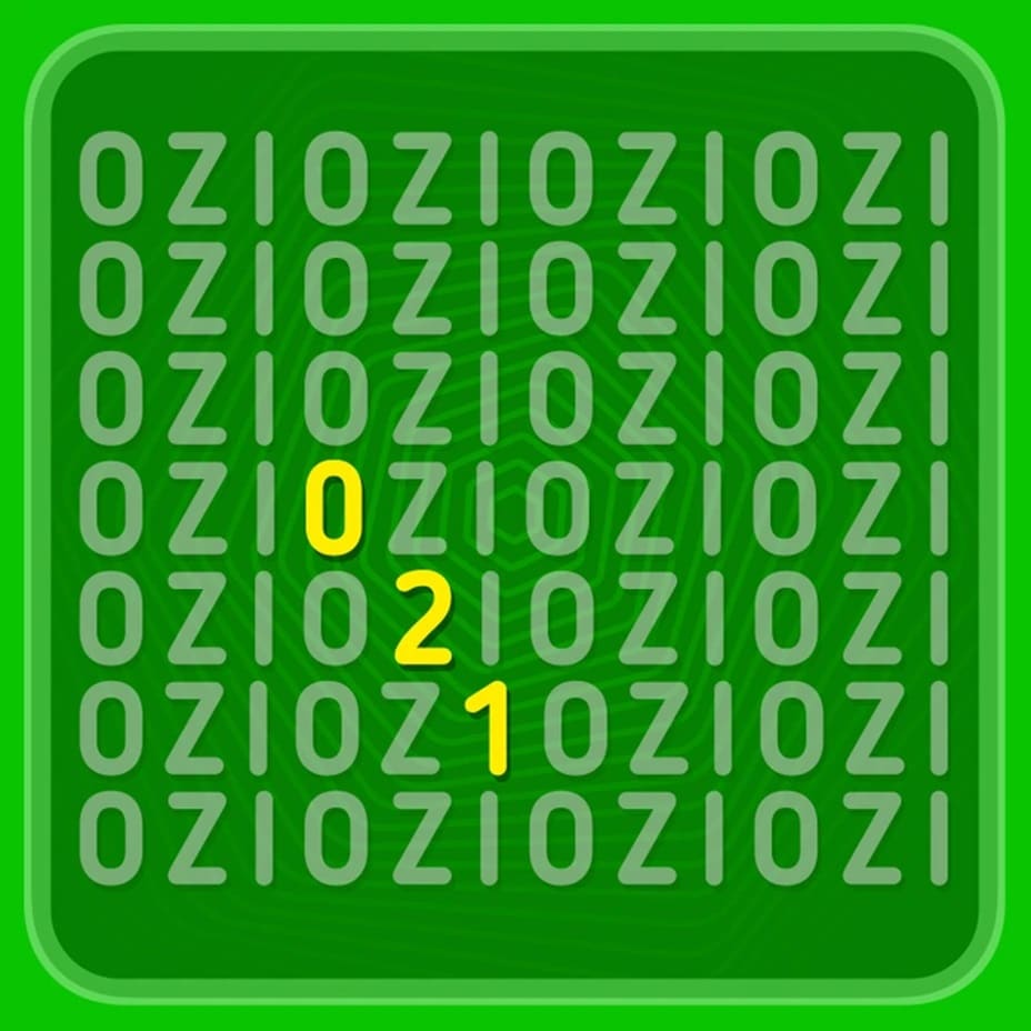 Desafio visual com letras OZI repetidas em fundo verde, destacando o número 1