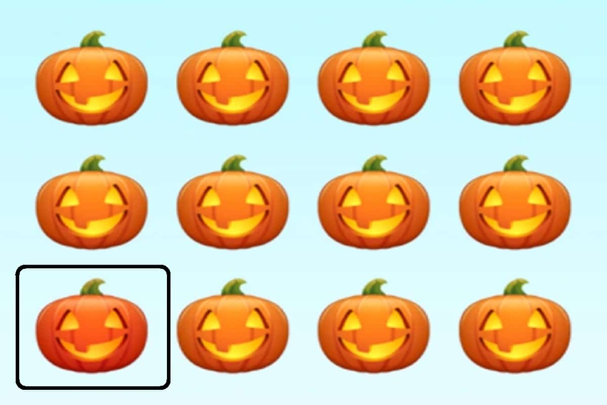 Desafio visual com doze abóboras de Halloween com rostos sorridentes iluminados em fundo azul claro