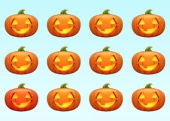 Desafio visual com doze abóboras de Halloween com rostos sorridentes iluminados em fundo azul claro