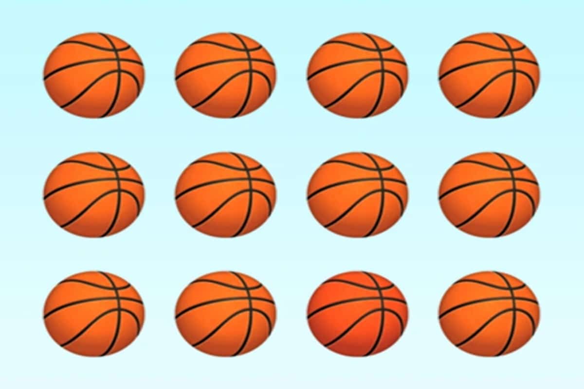 Desafio visual com doze bolas de basquete laranja organizadas em três filas sobre fundo azul claro