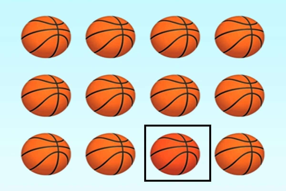 Desafio visual com doze bolas de basquete laranja organizadas em três filas sobre fundo azul claro