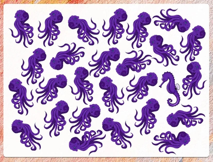 Desafio visual com vários polvos roxos e um cavalo-marinho no meio em fundo branco