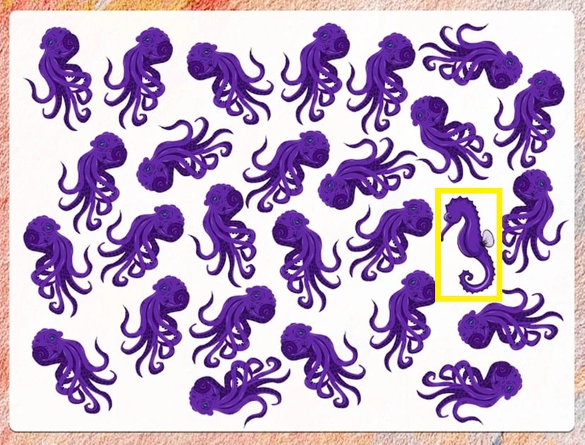 Desafio visual com vários polvos roxos e um cavalo-marinho no meio em fundo branco
