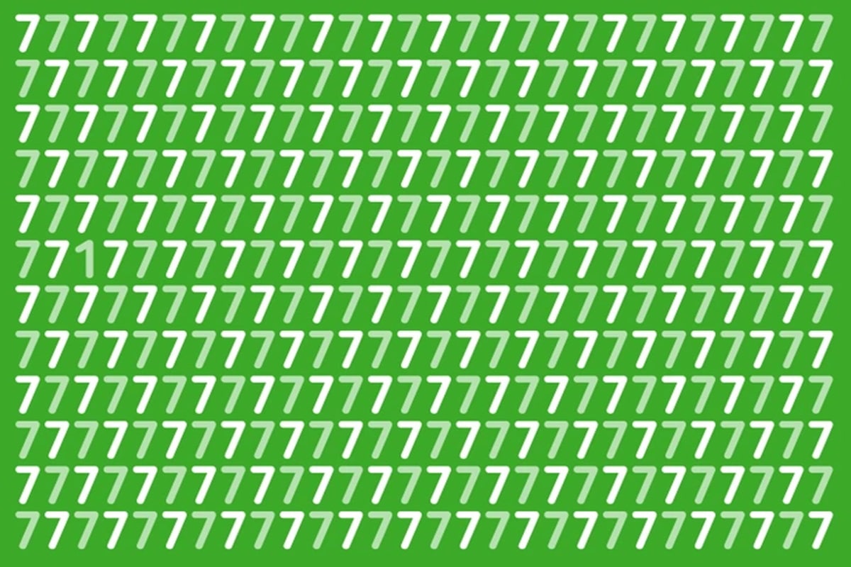 Desafio visual com vários números 7 em diferentes tons de verde alinhados em linhas sobre fundo verde