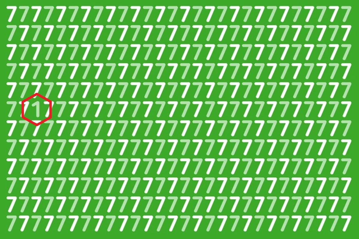 Desafio visual com vários números 7 em diferentes tons de verde alinhados em linhas sobre fundo verde