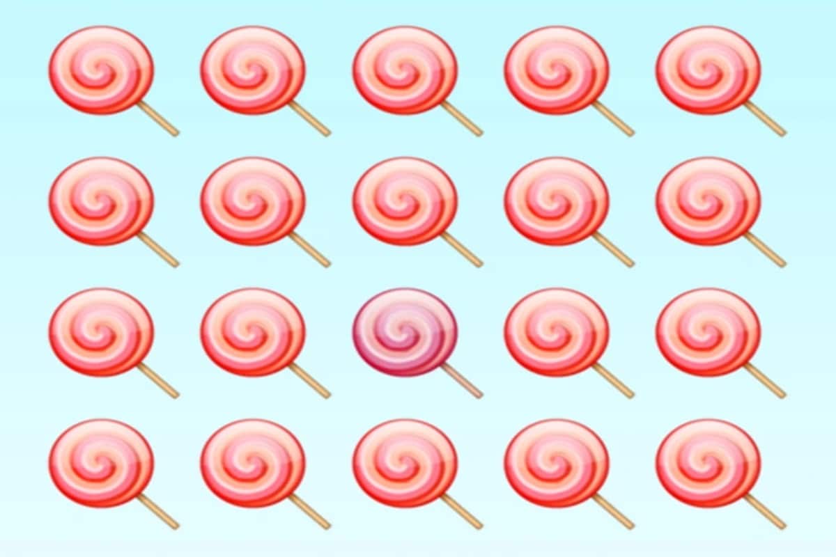 Desafio visual de uma imagem com 20 pirulitos rosa em espiral organizados em 4 linhas e fundo azul, um pirulito tem cor diferente