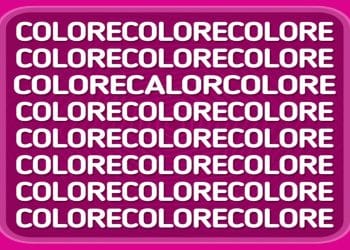 Desafio visual com uma caixa roxa com texto branco repetido 'COLORE' formando padrão visual