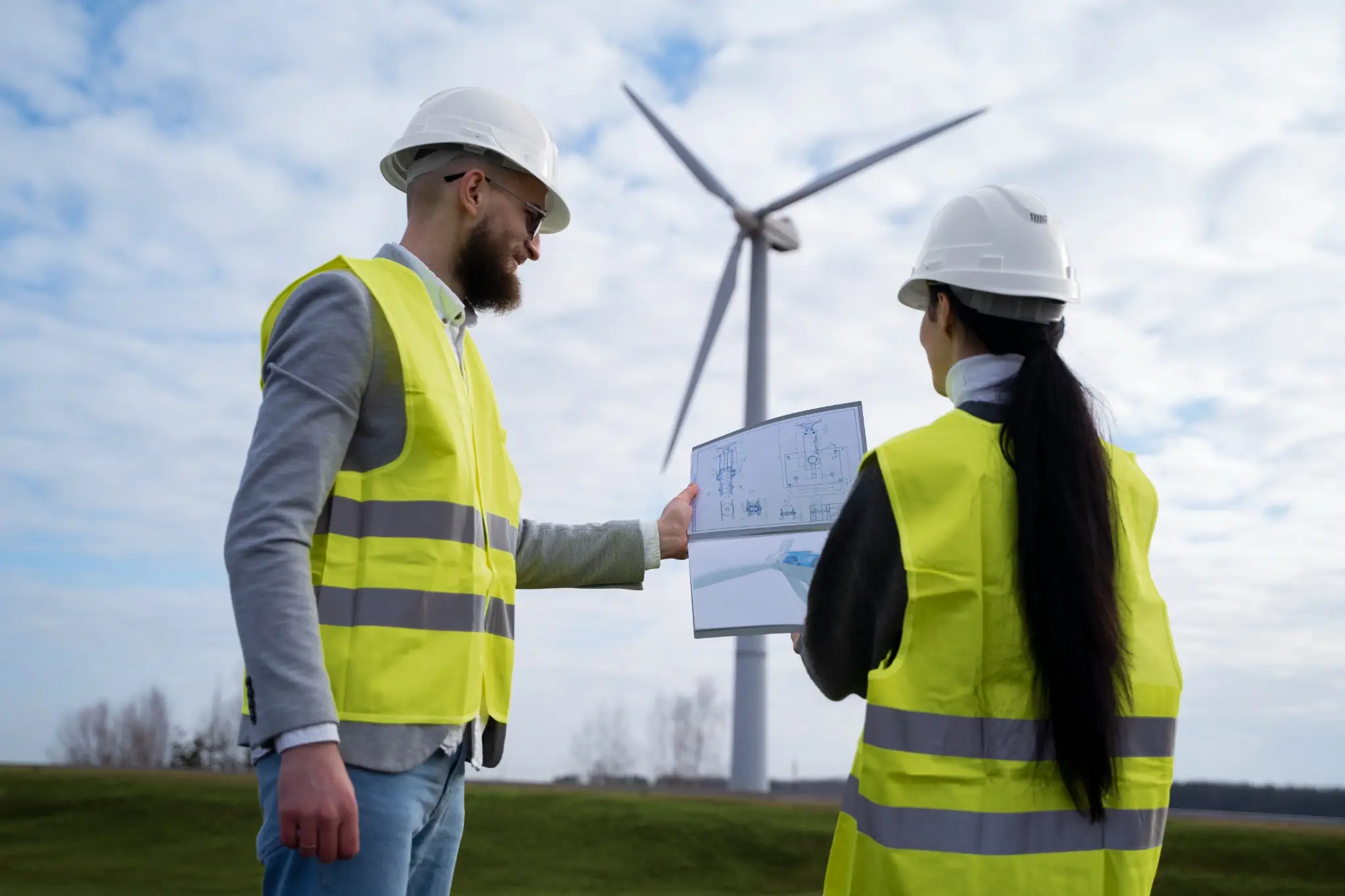 Engenheiros ambientais analisando projeto sustentável em parque eólico