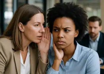 Duas mulheres em ambiente de trabalho, uma sussurrando no ouvido da outra.