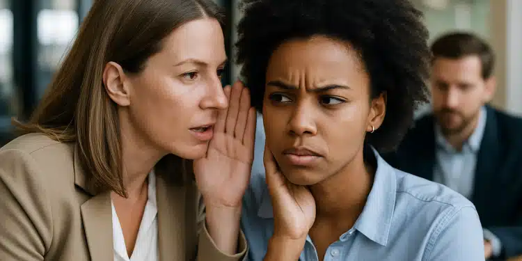 Duas mulheres em ambiente de trabalho, uma sussurrando no ouvido da outra.