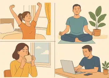 Quatro ilustrações mostrando pessoas realizando atividades matinais: espreguiçando-se, meditando, tomando café e trabalhando no computador.