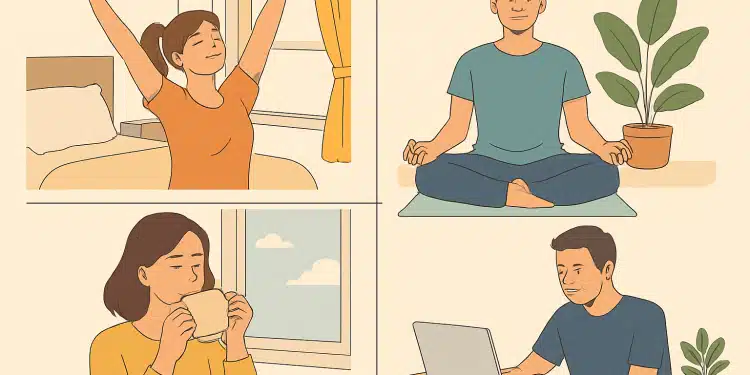 Quatro ilustrações mostrando pessoas realizando atividades matinais: espreguiçando-se, meditando, tomando café e trabalhando no computador.