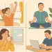 Quatro ilustrações mostrando pessoas realizando atividades matinais: espreguiçando-se, meditando, tomando café e trabalhando no computador.