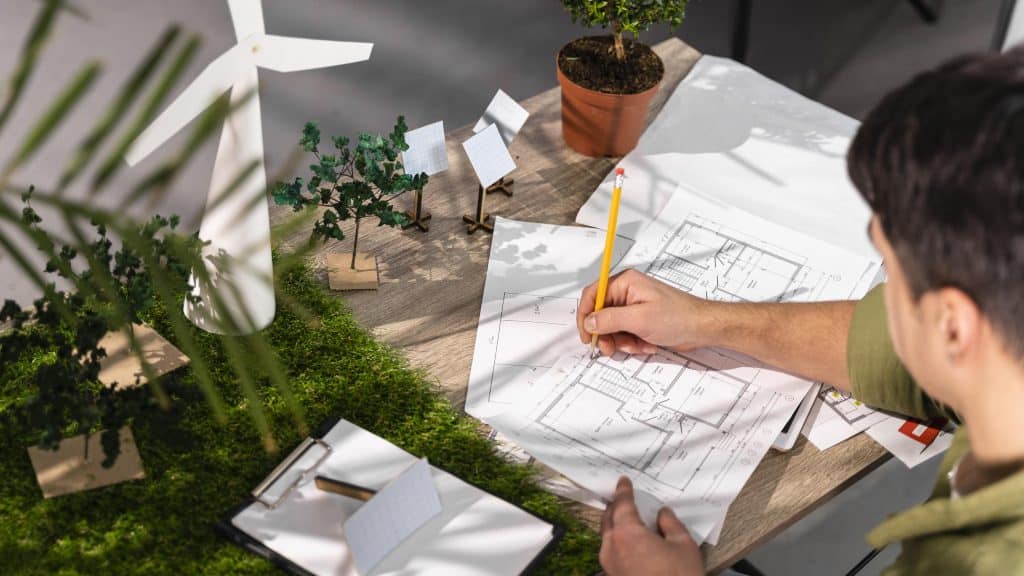 Pessoa trabalhando em projeto arquitetônico com maquete de turbina eólica, árvores e plantas no escritório.