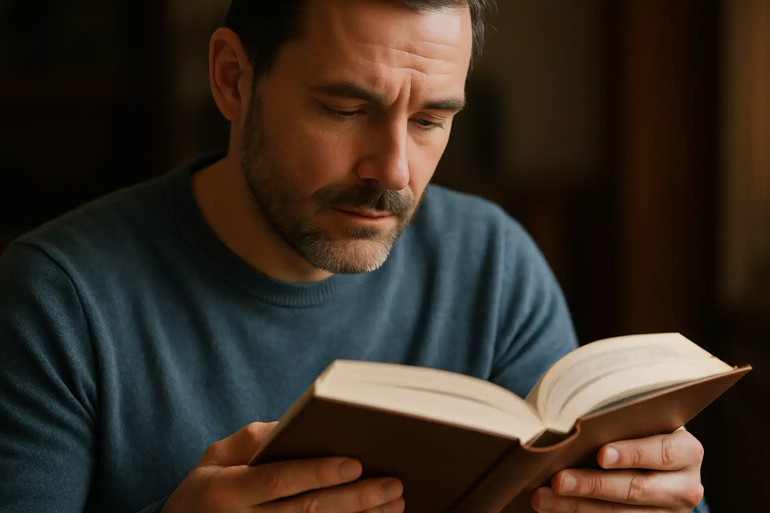 Homem lendo um livro atentamente