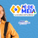 Jovem mulher sorridente com mochila e livros, fundo azul com logo do programa Pé de Meia Licenciaturas