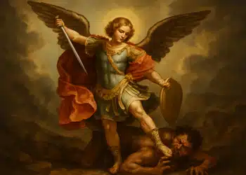 Anjo com espada e escudo pisa sobre figura caída.
