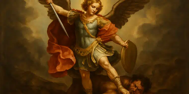 Anjo com espada e escudo pisa sobre figura caída.