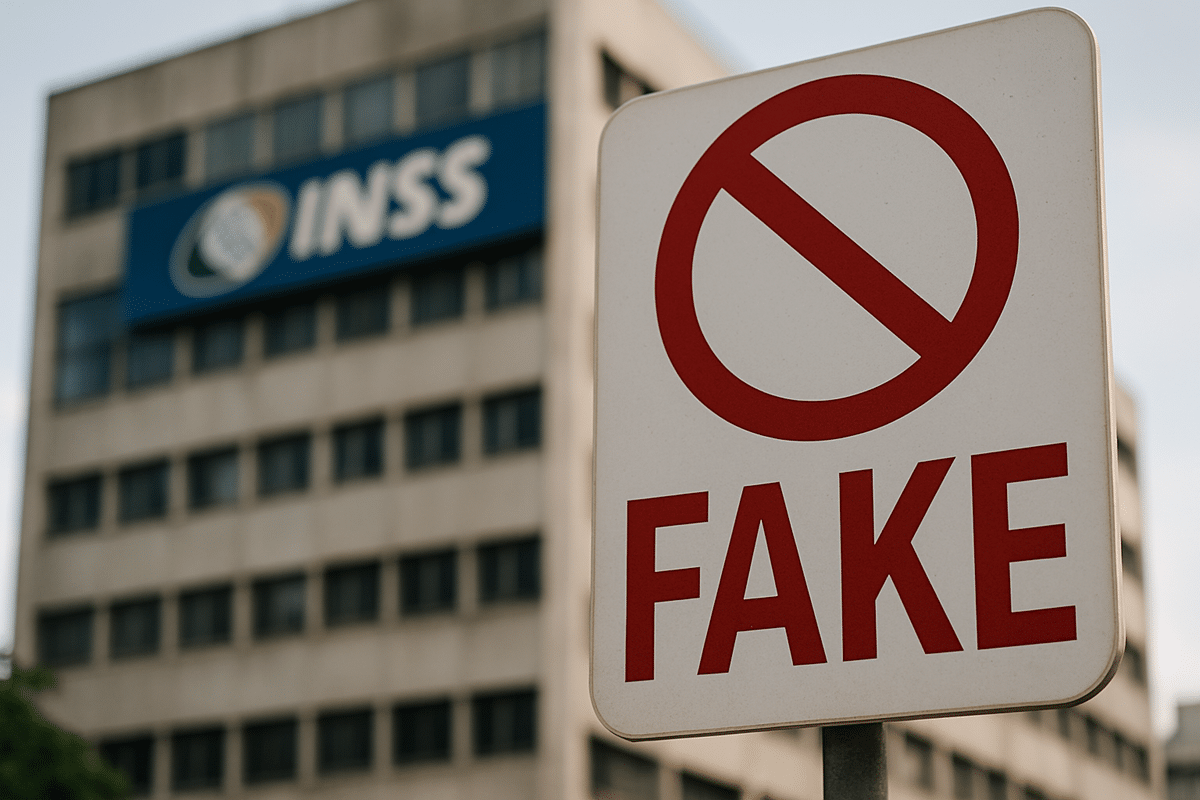 Placa de alerta contra fake news em frente ao edifício do INSS alertando sobre informações falsas