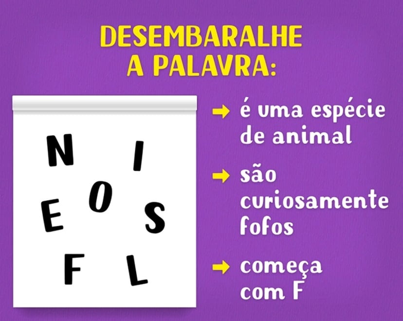 Teste de QI com letras embaralhadas N, I, E, O, S, F, L para formar nome de animal fofo que começa com F