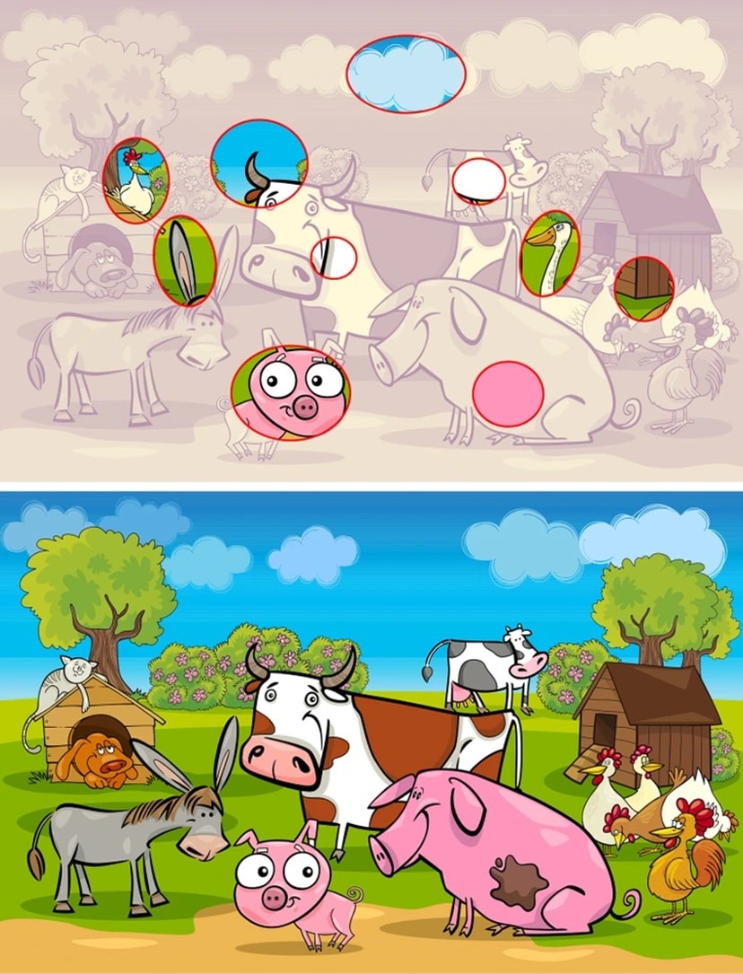 Teste visual com uma ilustração colorida com diversos animais da fazenda como vaca, porco rosa, cavalo, galinhas e cachorro.