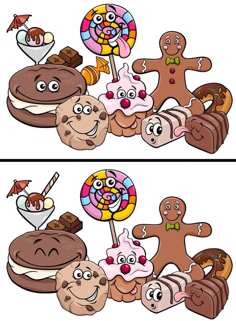 Teste visual com uma ilustração colorida de diversos doces animados com olhos e sorrisos, como cupcake, pirulito e biscoito.