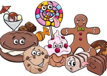 Teste visual com uma ilustração colorida de diversos doces animados com olhos e sorrisos, como cupcake, pirulito e biscoito.