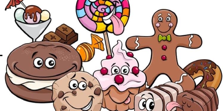 Teste visual com uma ilustração colorida de diversos doces animados com olhos e sorrisos, como cupcake, pirulito e biscoito.