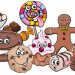 Teste visual com uma ilustração colorida de diversos doces animados com olhos e sorrisos, como cupcake, pirulito e biscoito.