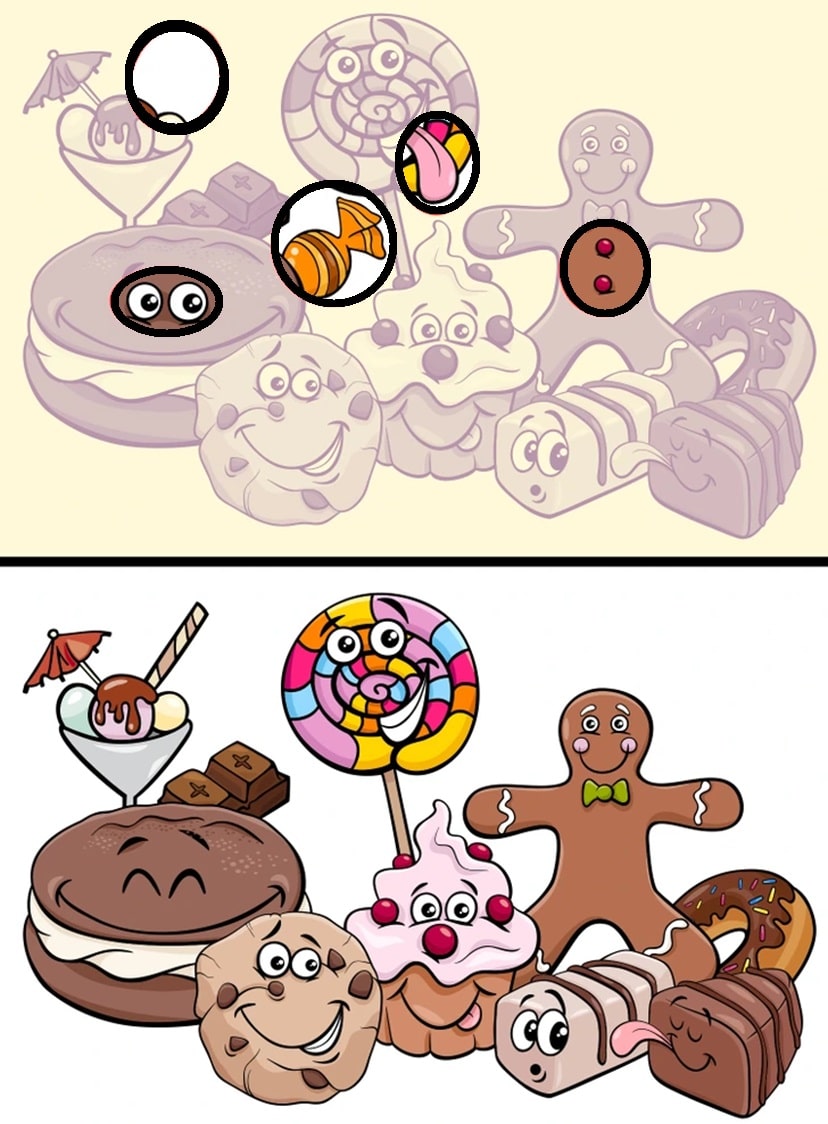 Teste visual com uma ilustração colorida de diversos doces animados com olhos e sorrisos, como cupcake, pirulito e biscoito.