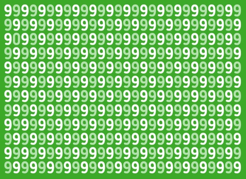 Teste visual com muitos números 9 em branco sobre fundo verde, com um número 0 escondido entre eles