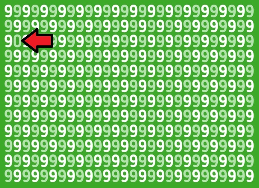 Teste visual com muitos números 9 em branco sobre fundo verde, com um número 0 escondido entre eles