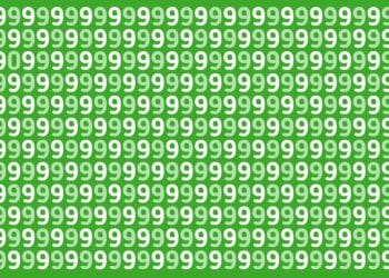 Teste visual com muitos números 9 em branco sobre fundo verde, com um número 0 escondido entre eles