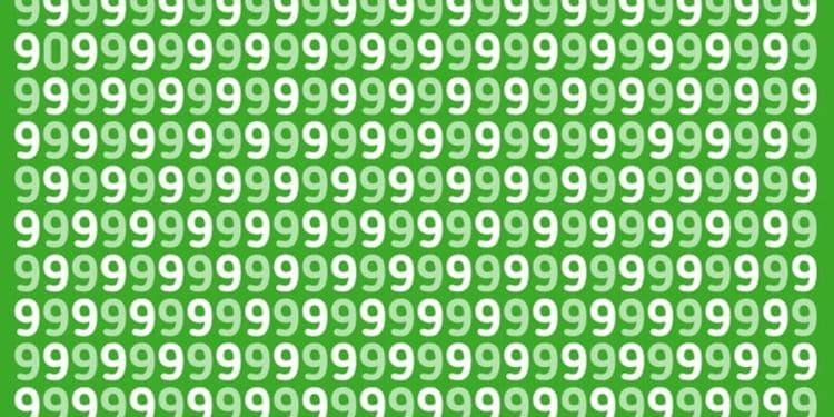Teste visual com muitos números 9 em branco sobre fundo verde, com um número 0 escondido entre eles