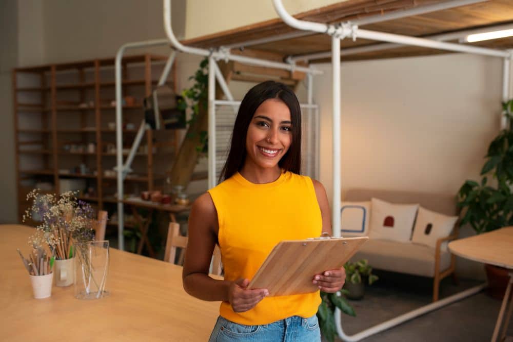 Mulher sorridente segurando uma prancheta em um escritório ou espaço de trabalho. A imagem simboliza a nova empreendedora que planeja abrir um negócio no interior.