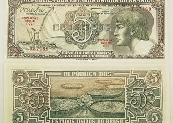 Frente e verso da cédula rara de 5 cruzeiros com a imagem de um índio, mostrando seu design e detalhes.