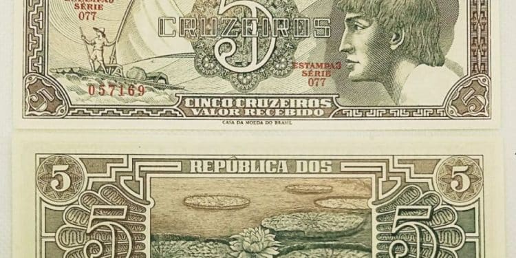 Frente e verso da cédula rara de 5 cruzeiros com a imagem de um índio, mostrando seu design e detalhes.