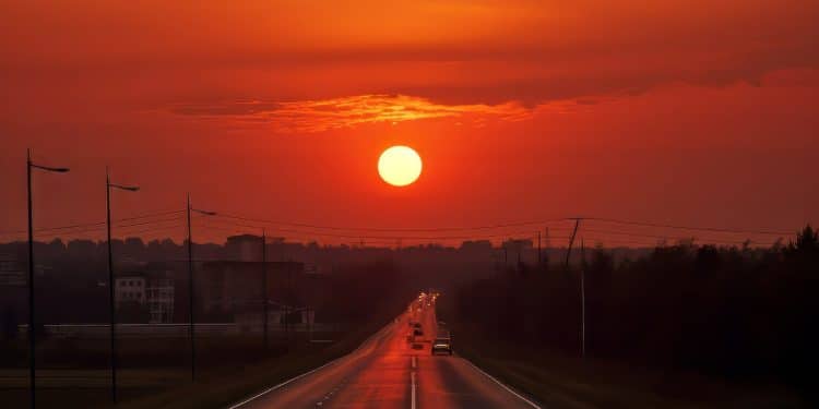 Estrada reta com carros e postes sob pôr do sol intenso com céu laranja e vermelho.
