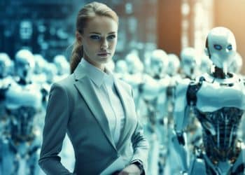 Mulher executiva em frente a robôs humanoides representando automação no ambiente corporativo