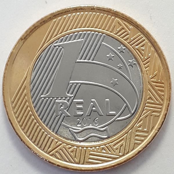 Reverso da moeda de 1 Real, ano 2016, que pode apresentar o erro de cunhagem "reverso invertido" e valer até R$ 220.