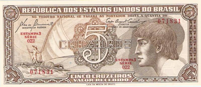 Frente da cédula de 5 Cruzeiros com o perfil de um indígena e uma jangada.