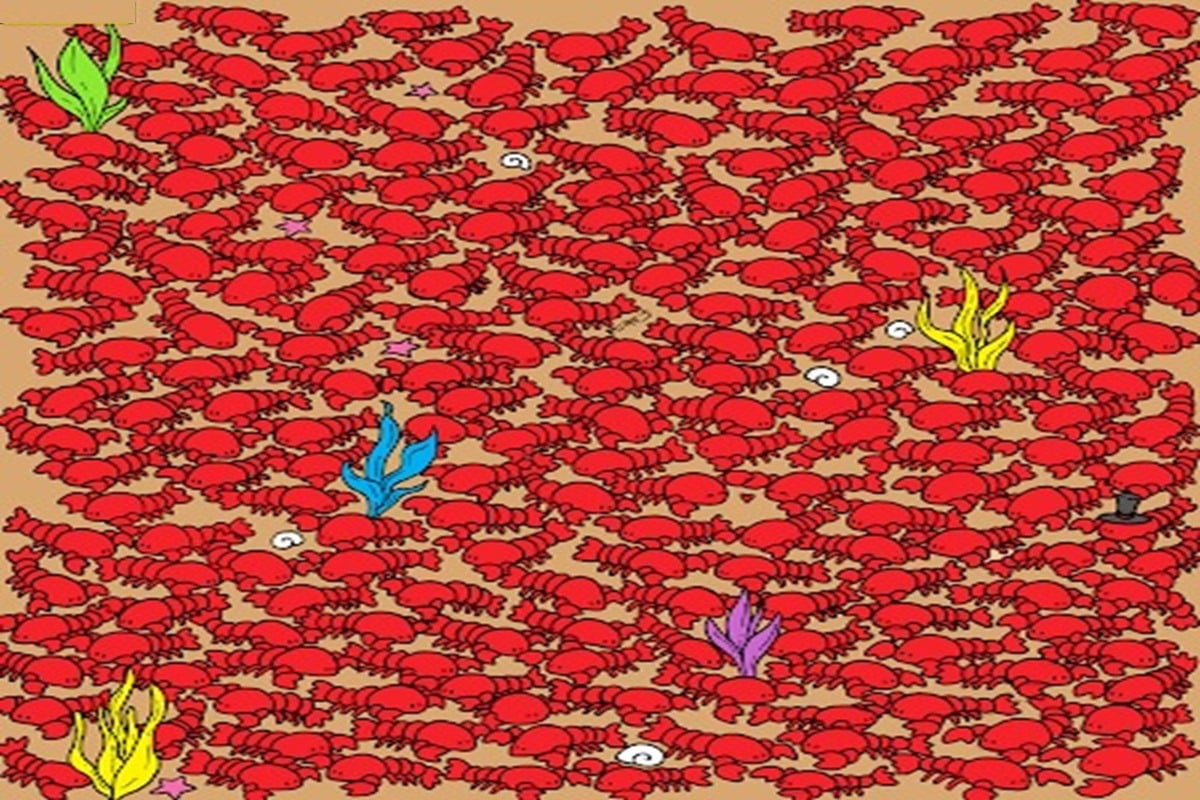 Ilustração com centenas de caranguejos vermelhos em praia de areia com elementos coloridos.